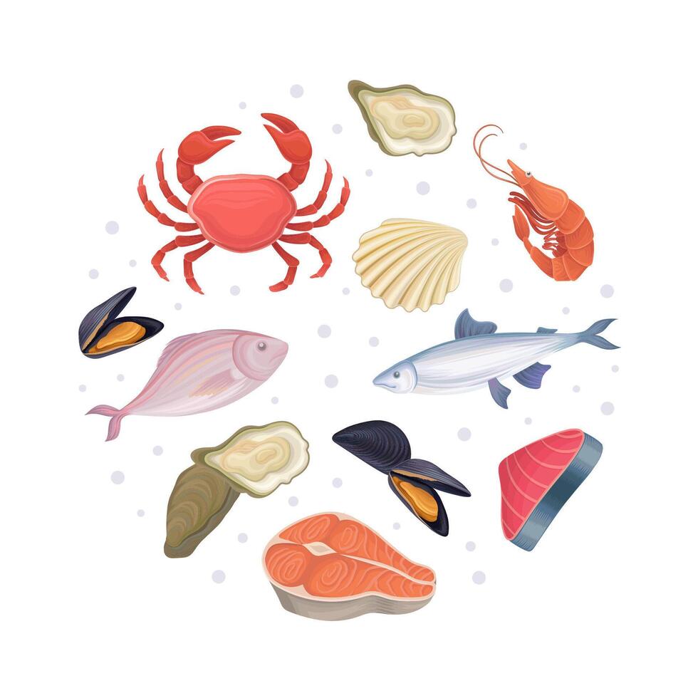 Organic seafood in circular shape. Poster, card, background with shrimp, octopus, crab, salmon steak fish illustration vector