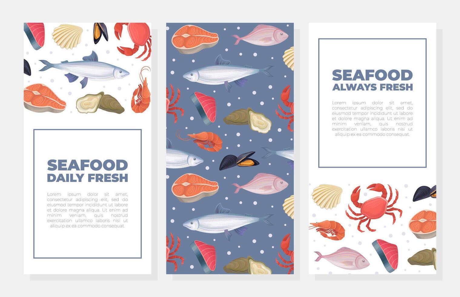Fresh seafood vertical banners set. Restaurant or fish market advertising, poster, card, packaging design illustration vector