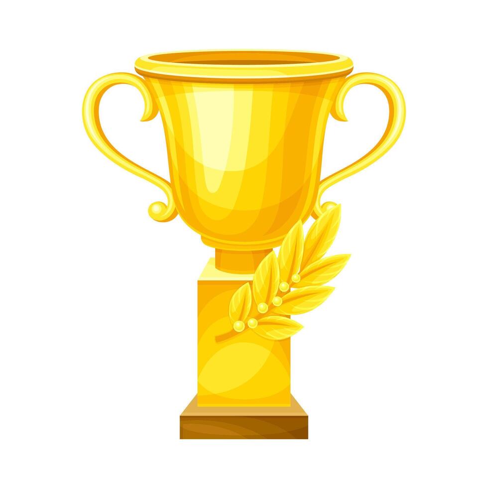 Winner shiny golden trophy cup. Winner prize goblet with laurel branch illustration vector