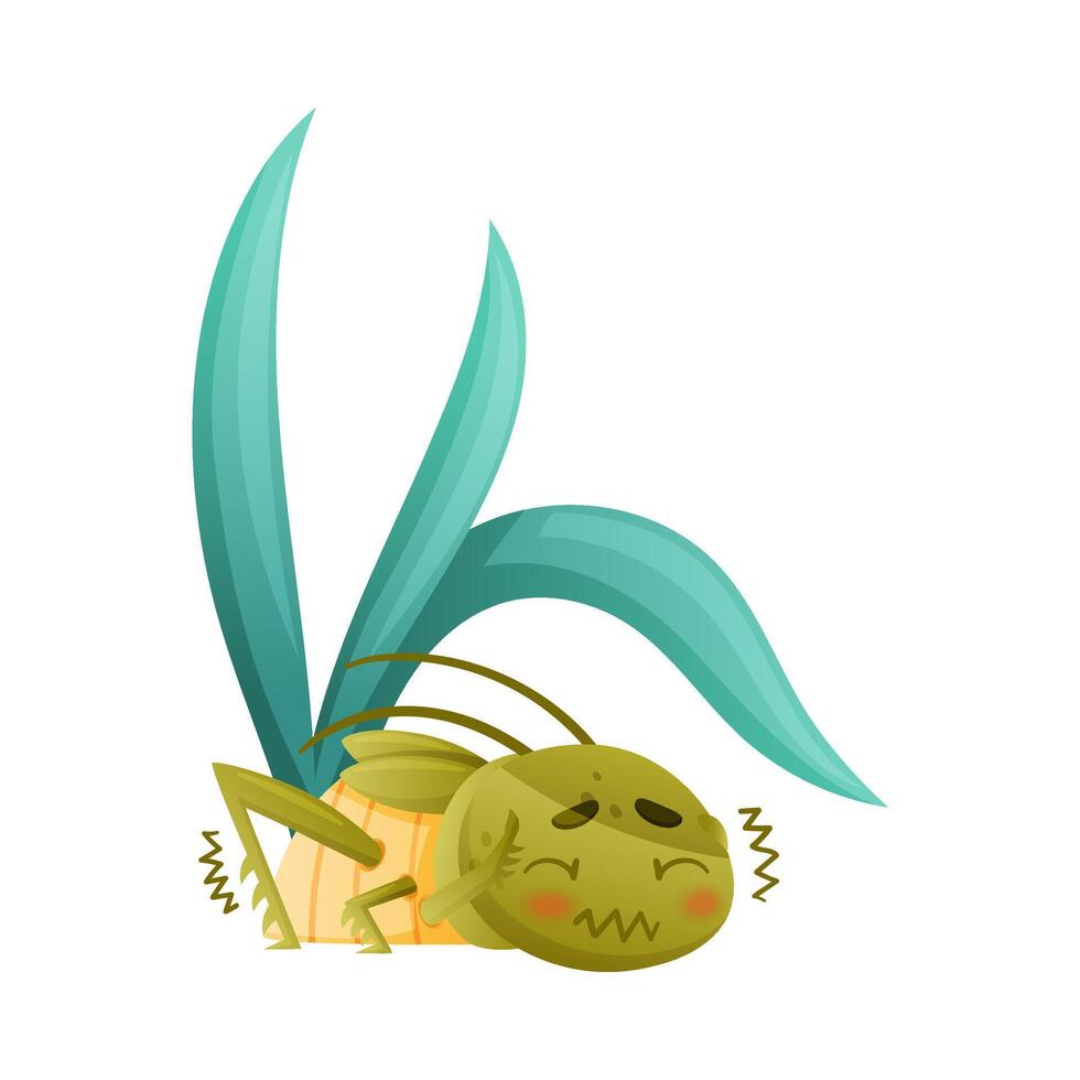 Cute green grasshopper trembling with fear. Funny baby insect mascot cartoon character illustration vector