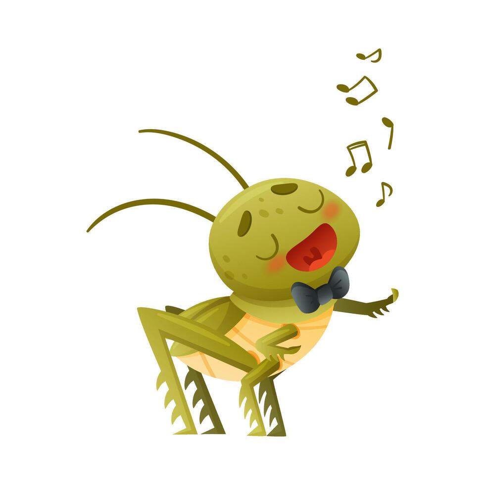 Cute green grasshopper in black bow tie singing song. Funny baby insect mascot cartoon character illustration vector