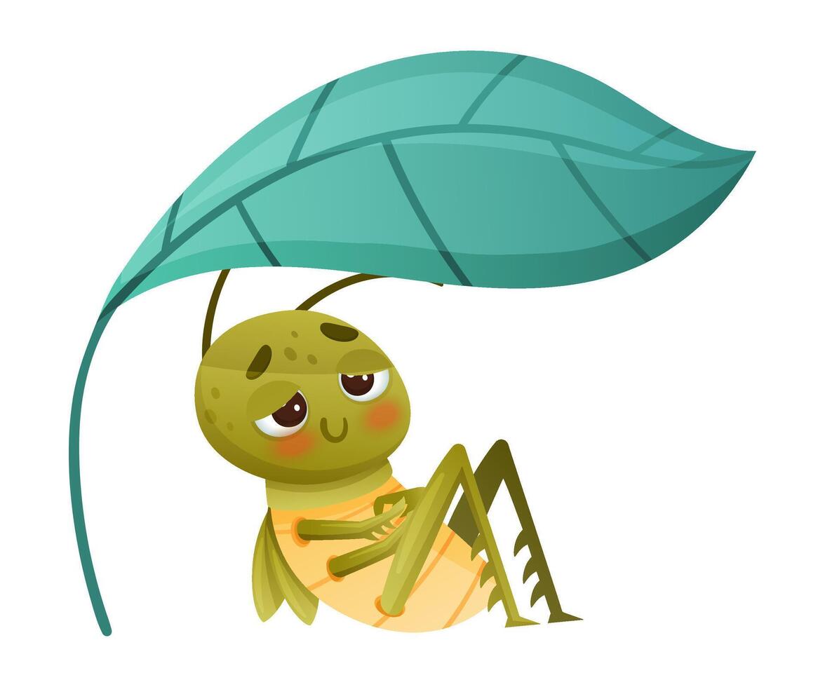 Cute green grasshopper sitting under green leaf. Funny baby insect mascot cartoon character illustration vector