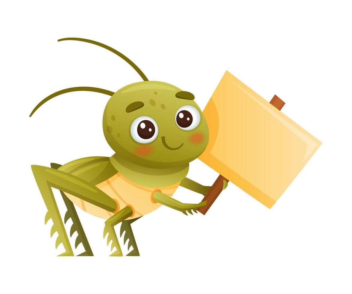 Cute green grasshopper holding blank sign board. Funny baby insect mascot cartoon character illustration vector