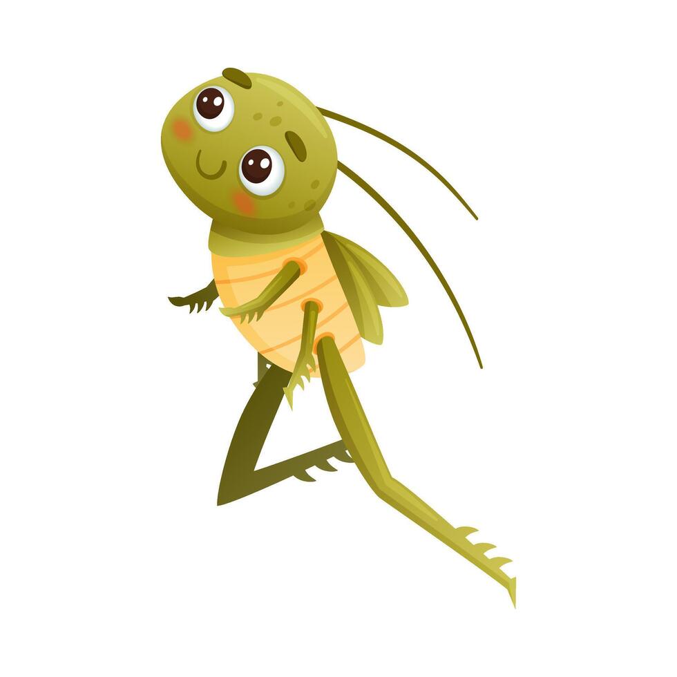 Cute green grasshopper jumping up. Funny baby insect mascot cartoon character illustration vector