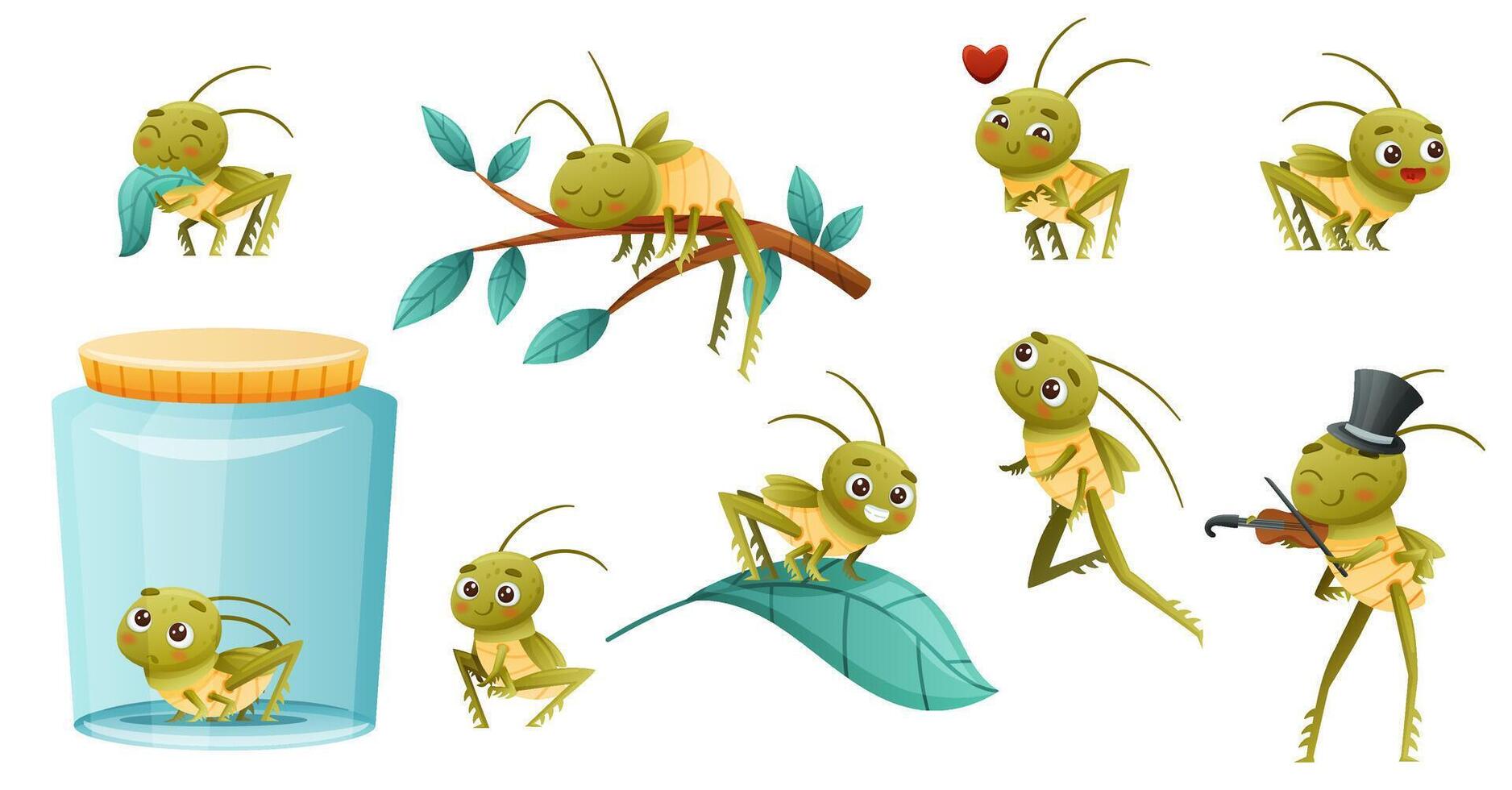 Cute little grasshopper doing various activities set. Funny baby insect cartoon character illustration vector