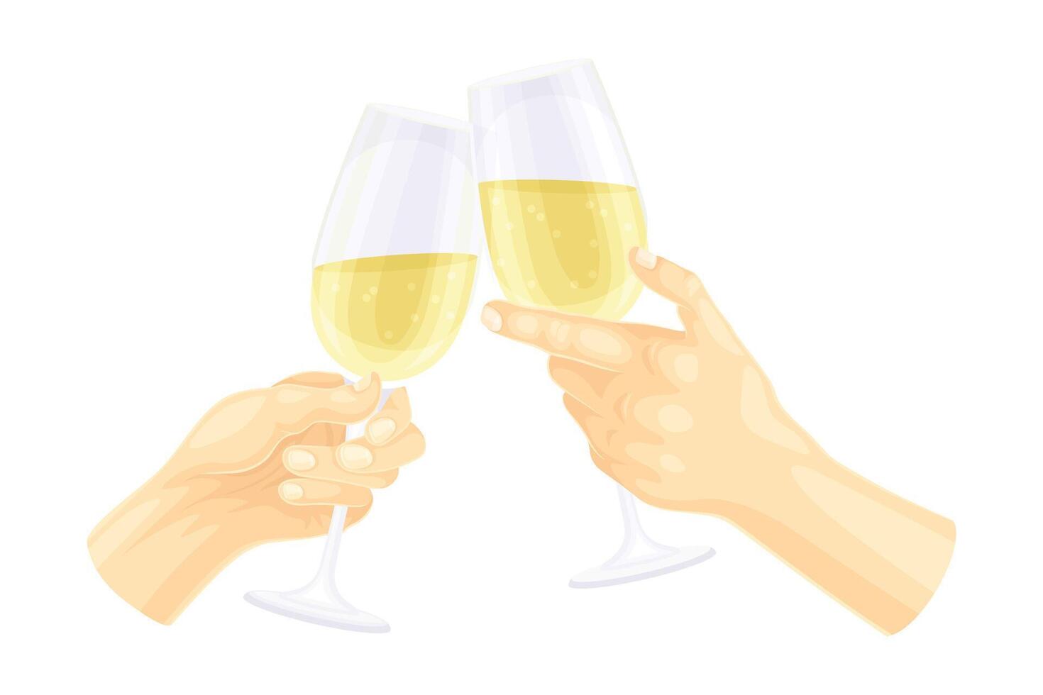 Hands clinking glass of champagne illustration on white background vector