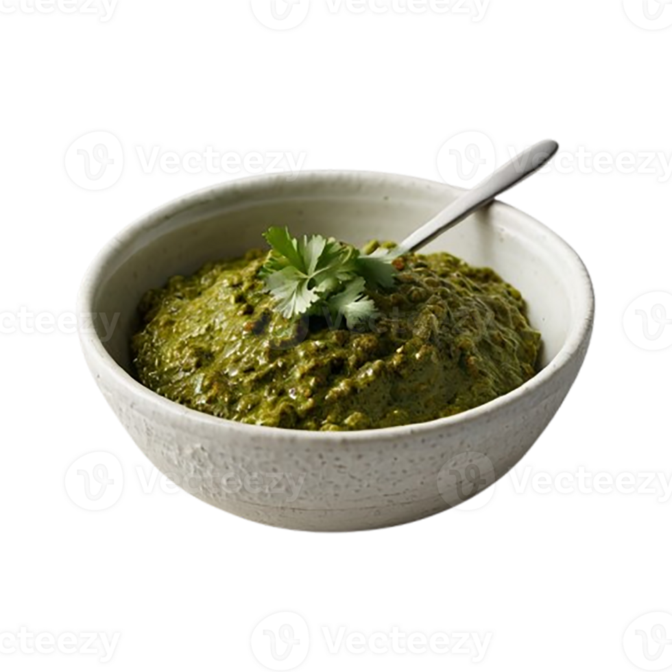 A small white ceramic bowl filled with bright green coriander chutney png