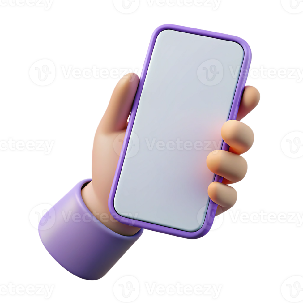 A hand holding a purple phone with a blank screen png