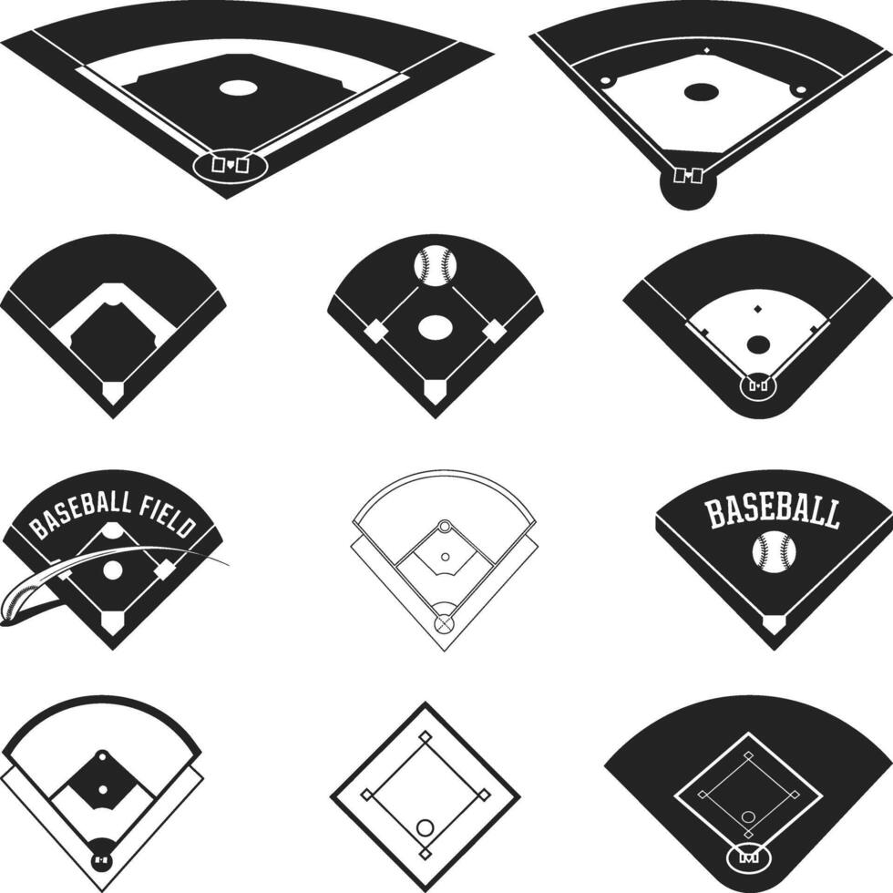 Baseball Field Icons Collection Silhouette, baseball sport fields, Isometric Baseball Field, Flat design Vectors illustration