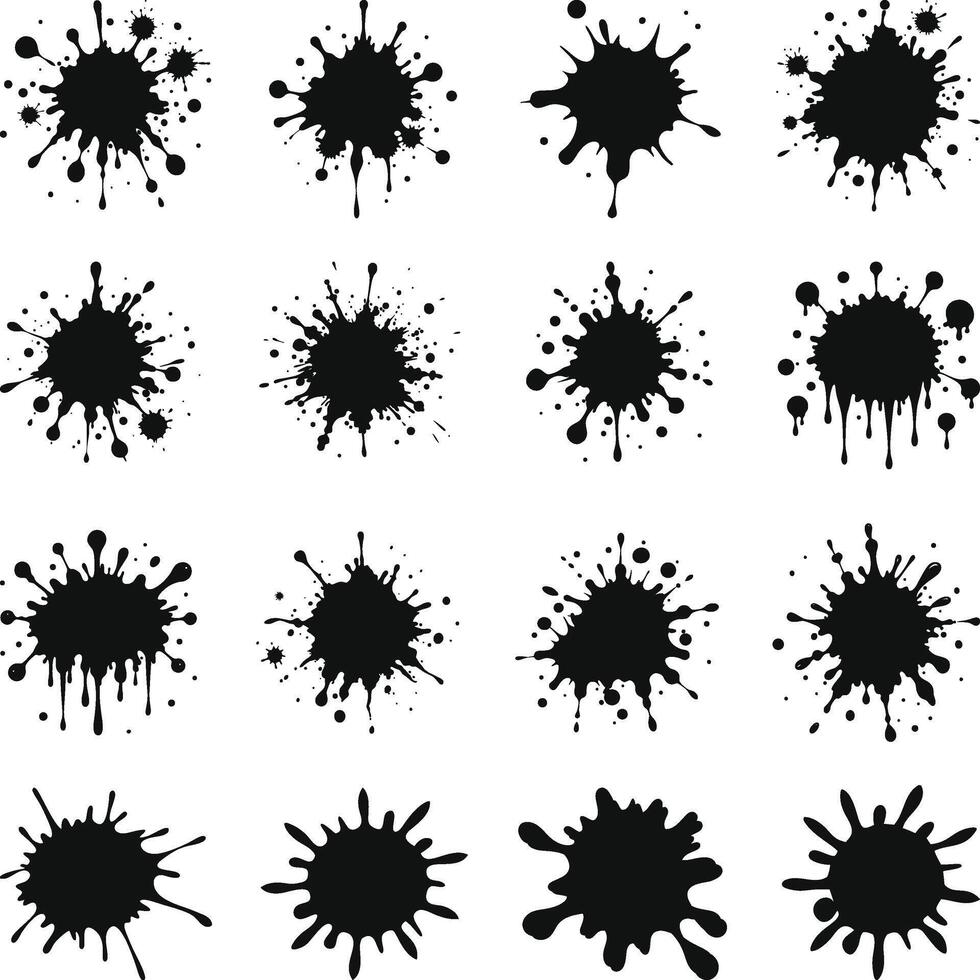 Black Ink Splashes Splotches Silhouette, Splash, and Ink Splash Cartoon Set SVG. Stain and paint splat shapes, a liquid drop icon, and a flat splatter. vector