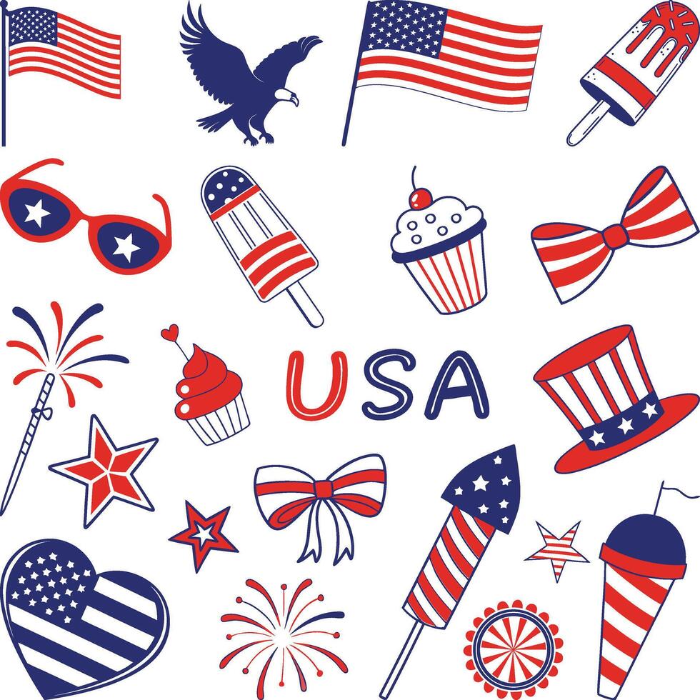 Hand drawn 4th of july elements collection, 4th of July Celebration Elements, vector