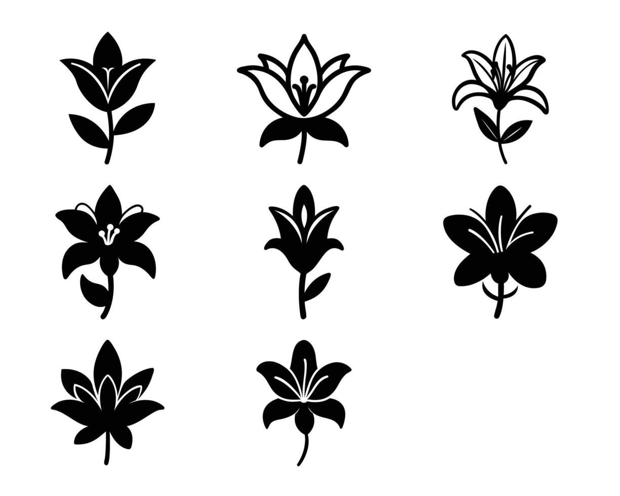 Elegant black flower silhouettes collection set of nine floral design elements on white background vector
