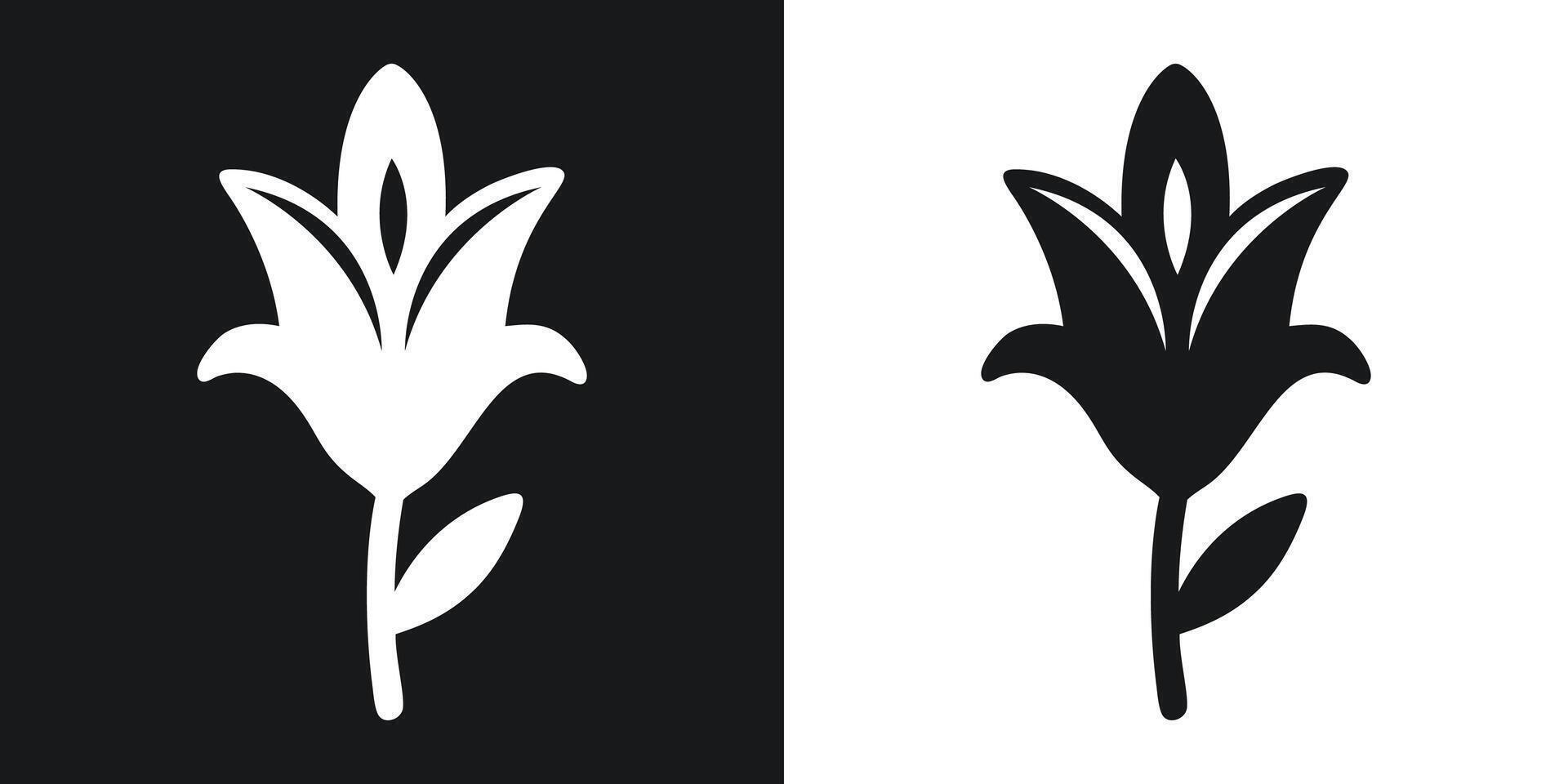 Simple black and white silhouette of a floral lily flower on a two-tone background vector