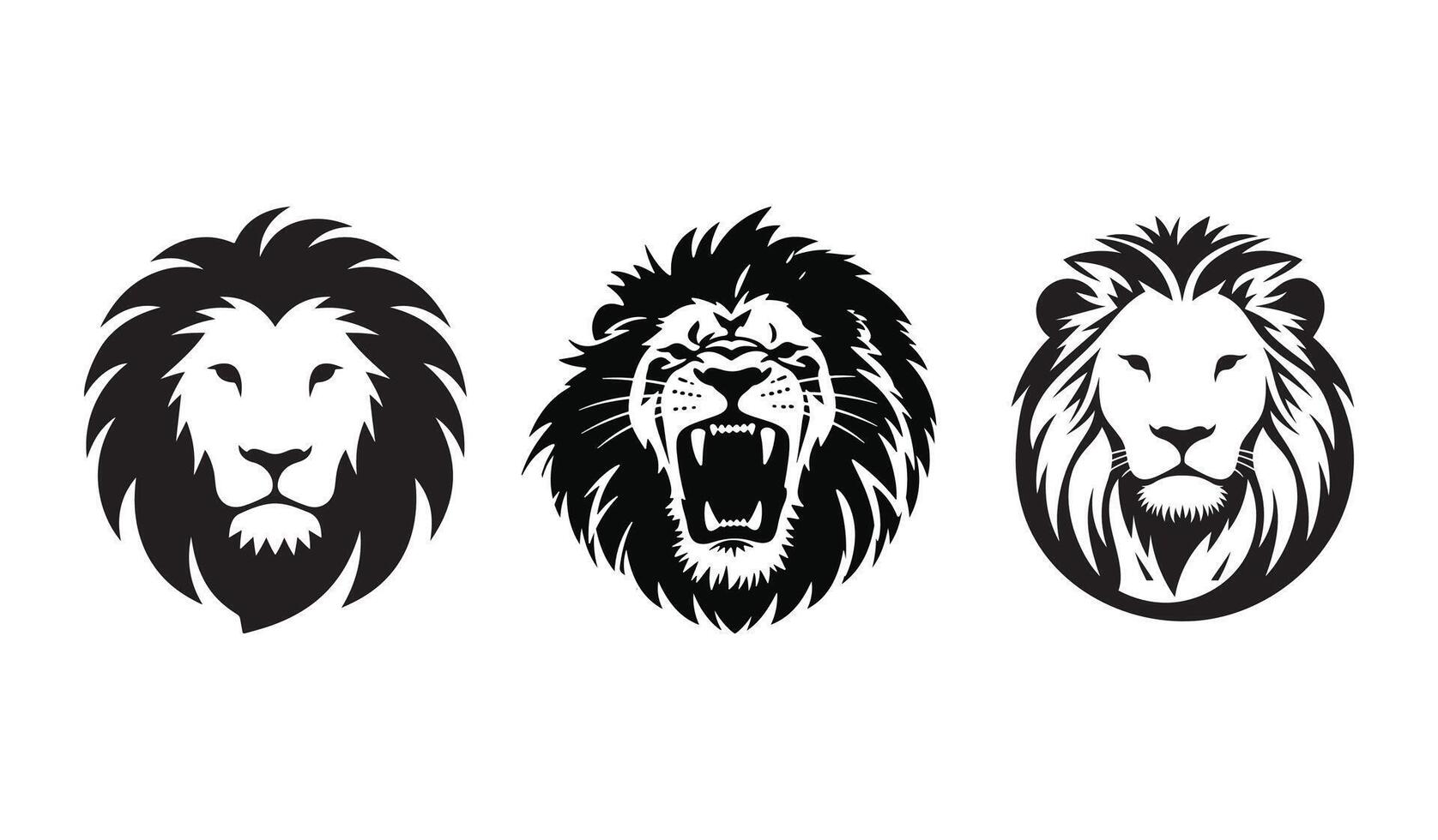 Roaring lion silhouette fierce detailed mane black and white illustration vector