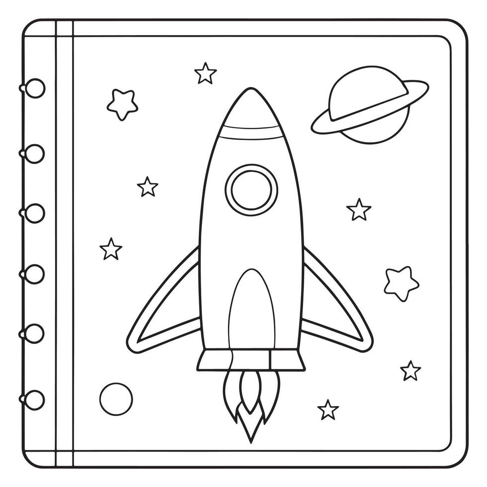 rocket ship launching into outer space with planets coloring page line art illustration vector