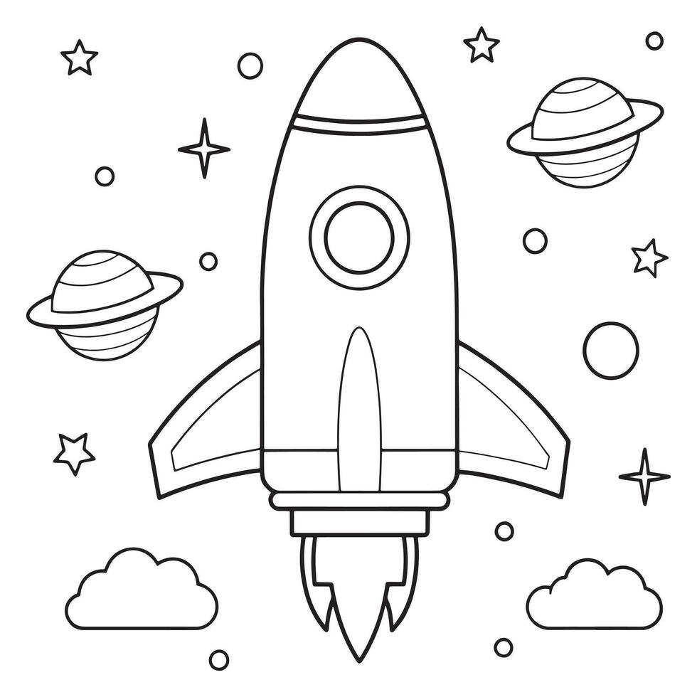 outline of spaceship soaring through stars coloring page line art illustration vector