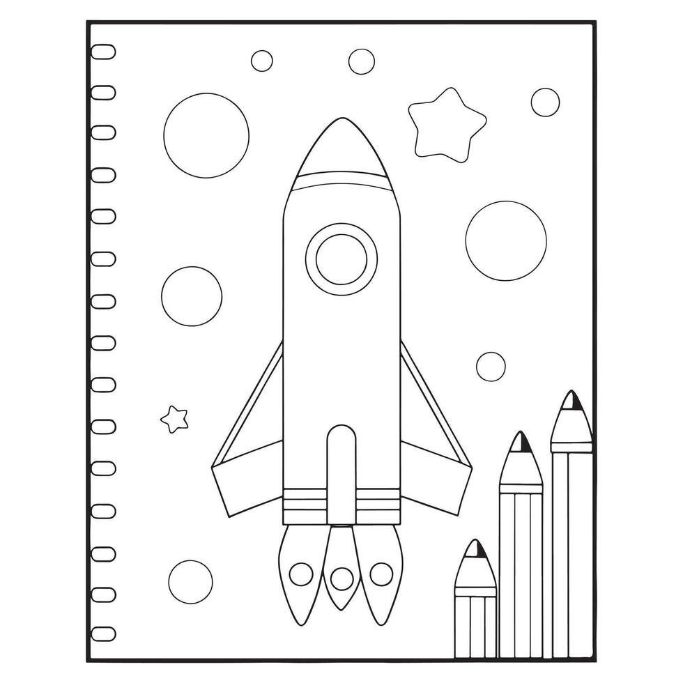 rocket ship with clouds and stars coloring page line art illustration vector