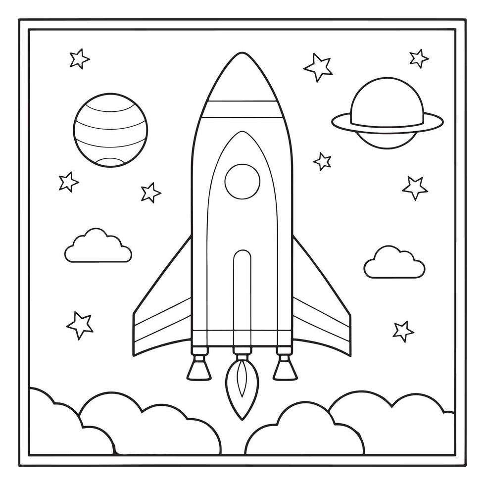outlined rocket launching with stars and clouds coloring page line art illustration vector