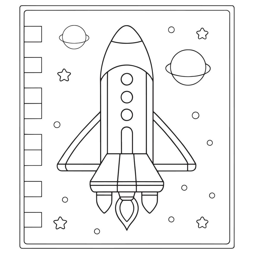 rocket launching into sky with clouds and stars coloring page line art illustration vector