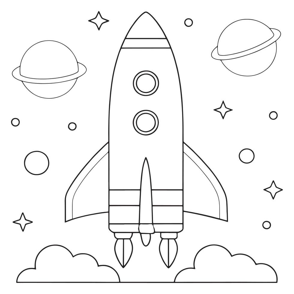 rocket launch line art with stars and clouds coloring page line art illustration vector