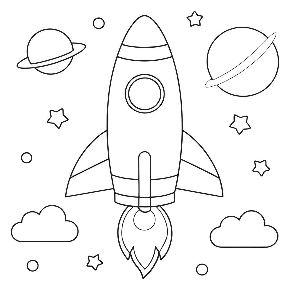 rocket launch with stars and planets line drawing coloring page line art illustration vector