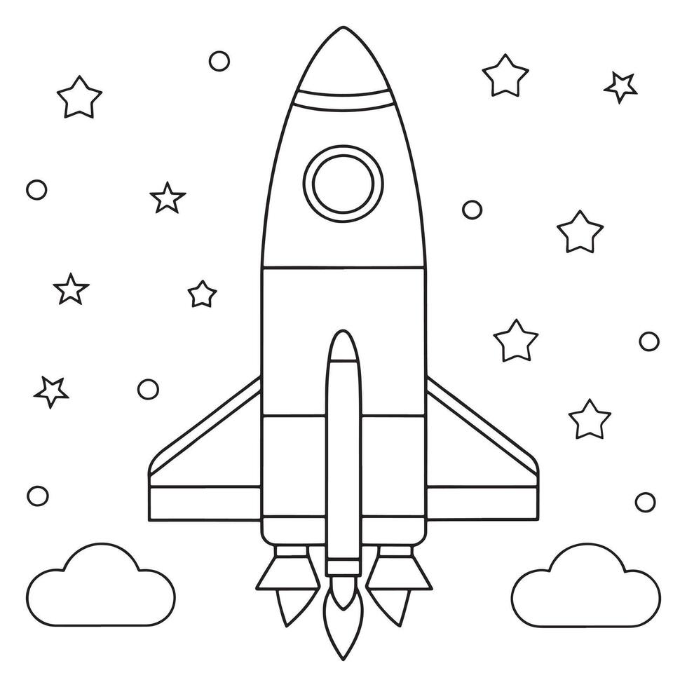 rocket flying into space with planetary background coloring page line art illustration vector