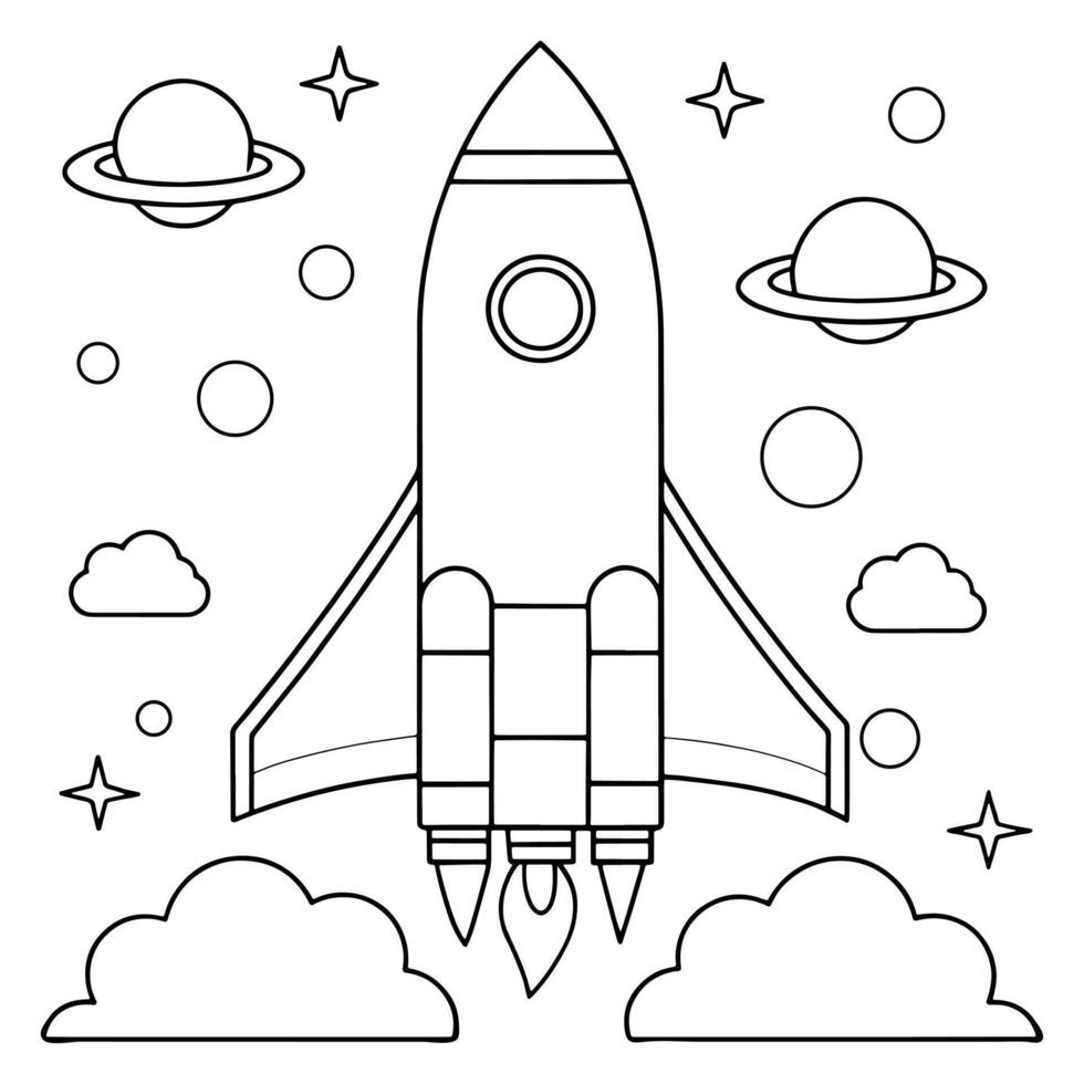 minimal rocket launching into space line sketch coloring page line art illustration vector