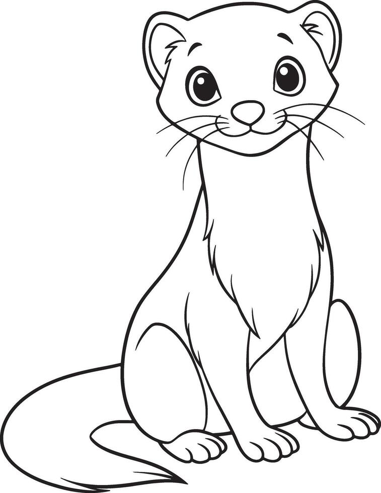 Cute Cartoon Weasel Sitting and Smiling Black and White Outline vector