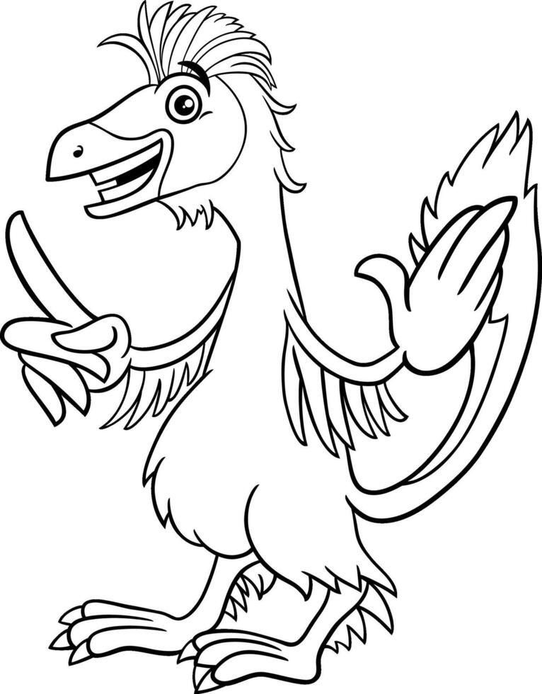 cartoon Caudipteryx or feathered dinosaur character coloring page vector