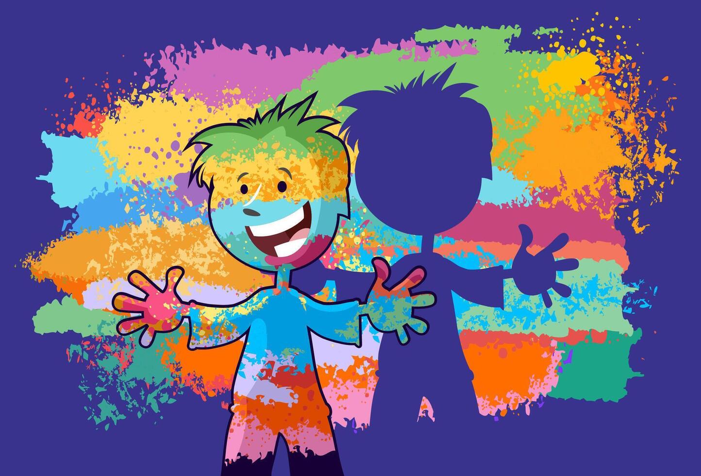 happy cartoon boy having fun on party with color powders vector