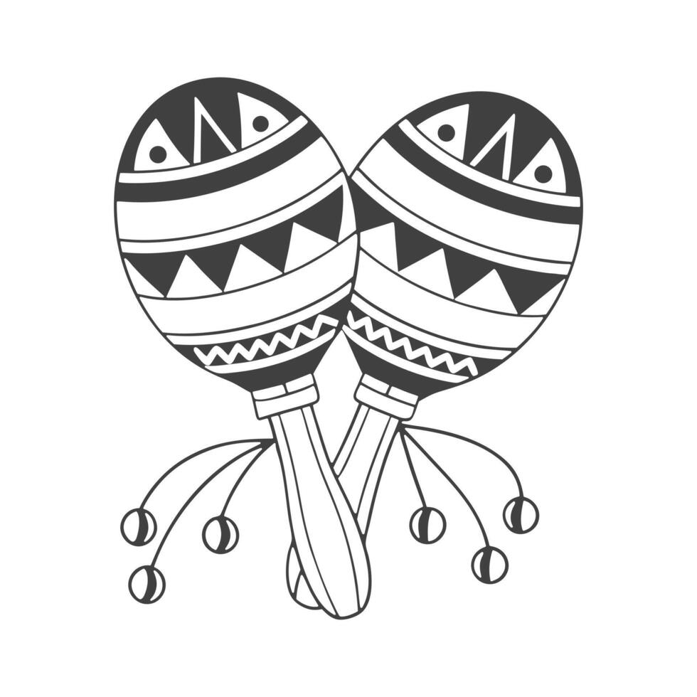 Pair of detailed hand drawn monochrome maracas with ethnic patterns. National symbol of Mexico. Illustration, sketch. vector