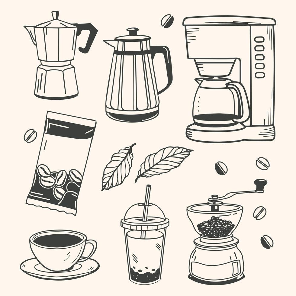 Coffee set with cups, coffee makers, grinders and beans. Coffee theme with different elements. vector