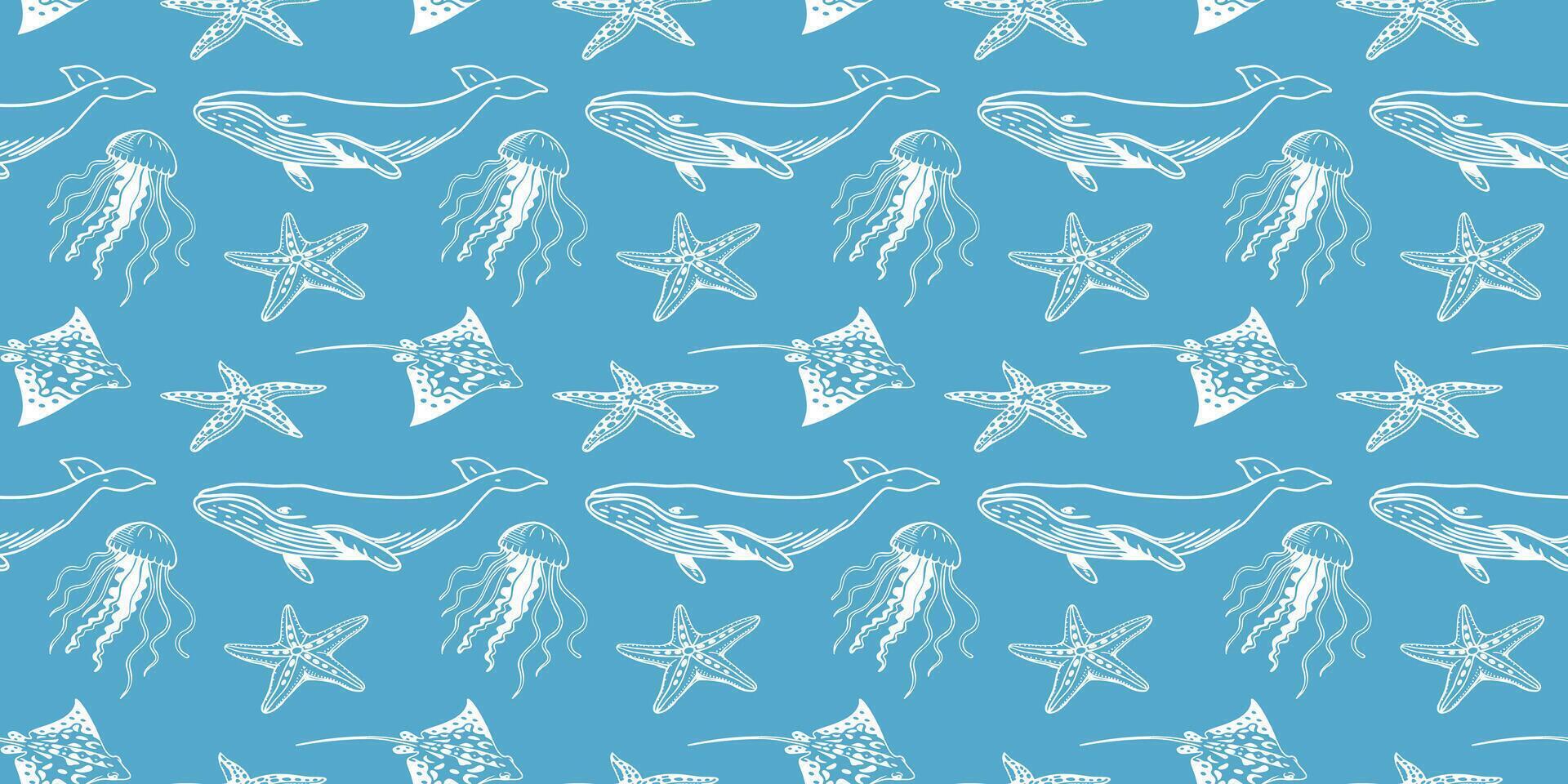 Seamless ocean life pattern with sea fish, crabs, jellyfish, shells and stars. Hand drawn marine elements on blue background for fabric, packaging. vector