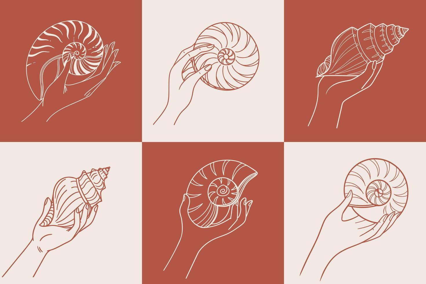 Set of hand drawn seashells in hands. Hands holding seashells. Line art style illustration. vector