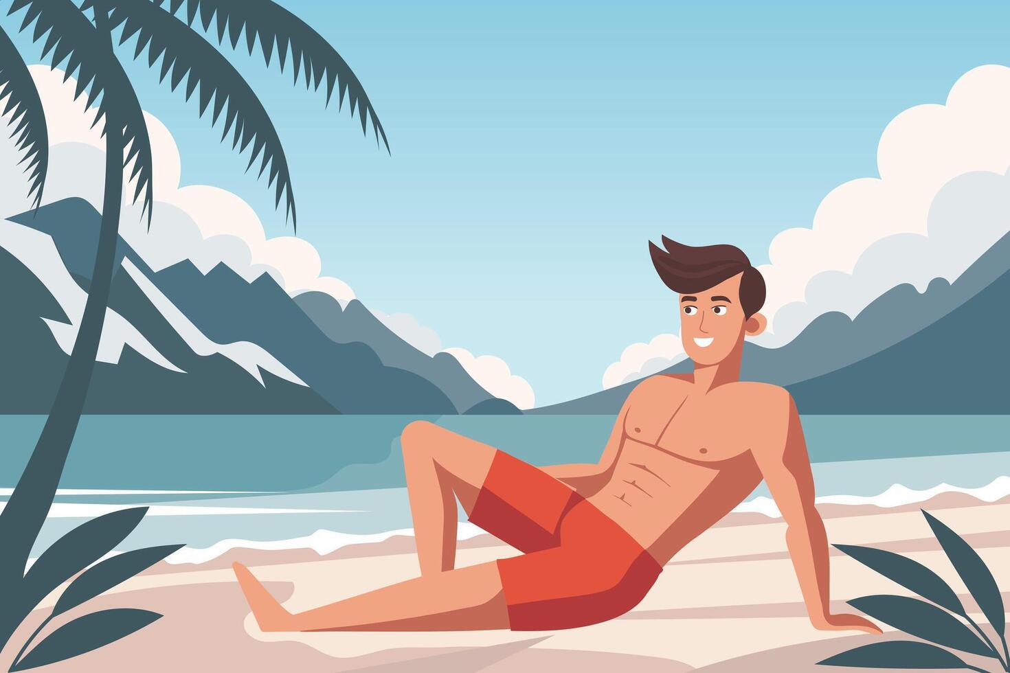 Time to travel. Young man sunbathing on the beach. Summer time, vacation concept. Travel illustration. vector