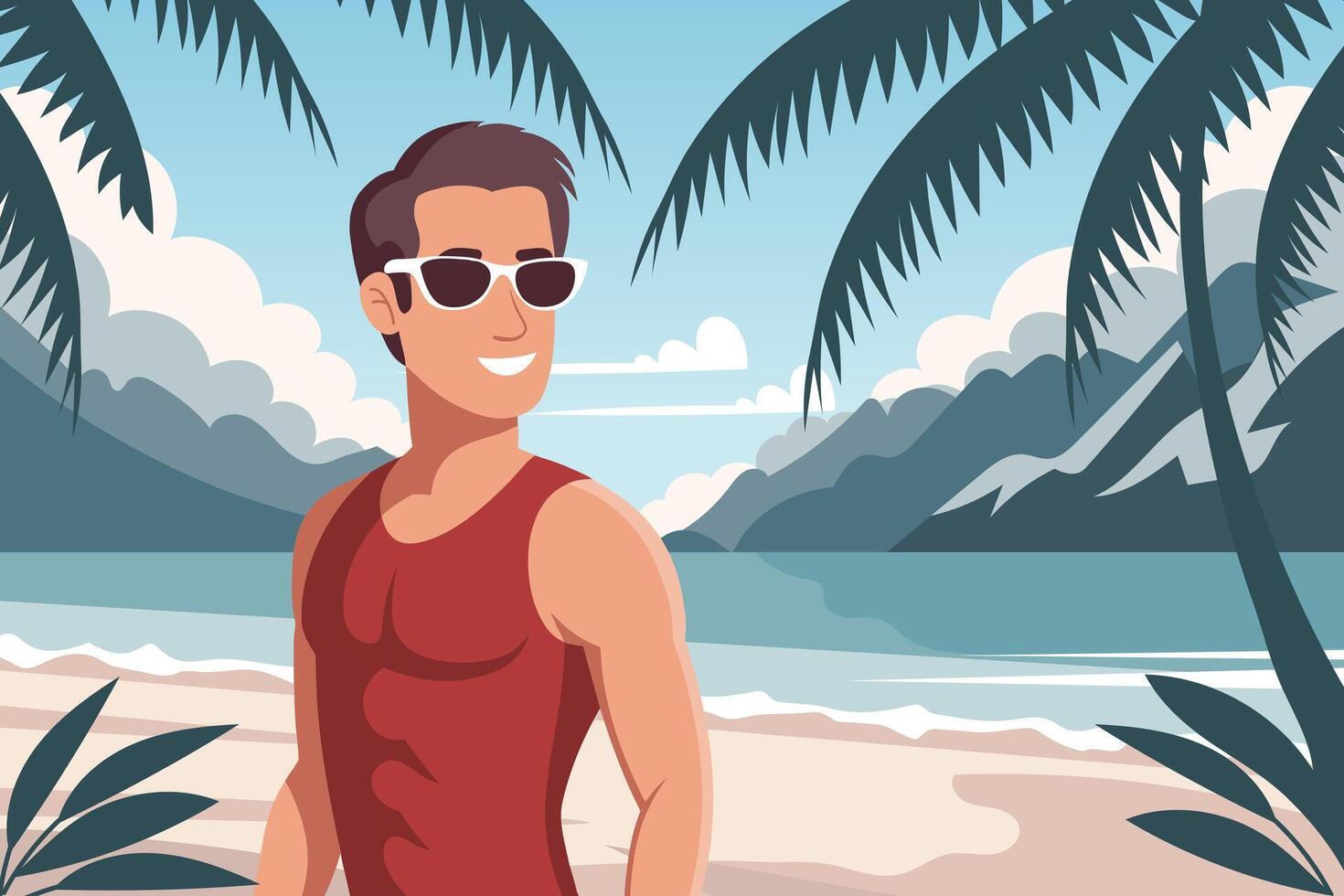 Young man with sunglasses enjoying the sun at the beach. Summer time, vacation concept. Travel illustration. vector