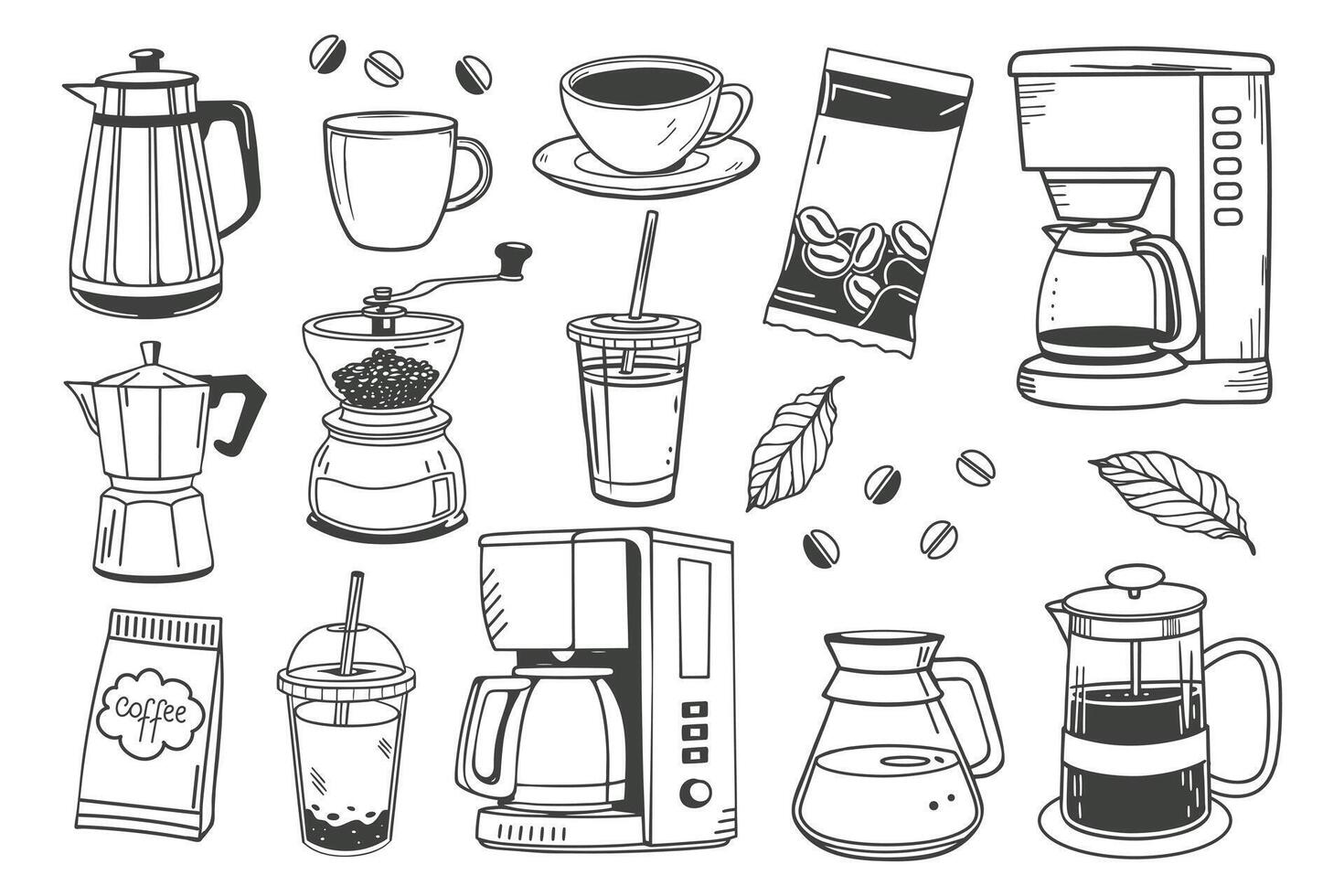 Coffee set with cups, coffee makers, grinders and beans. Coffee theme with different elements.. Hand drawn aesthetic illustration. vector