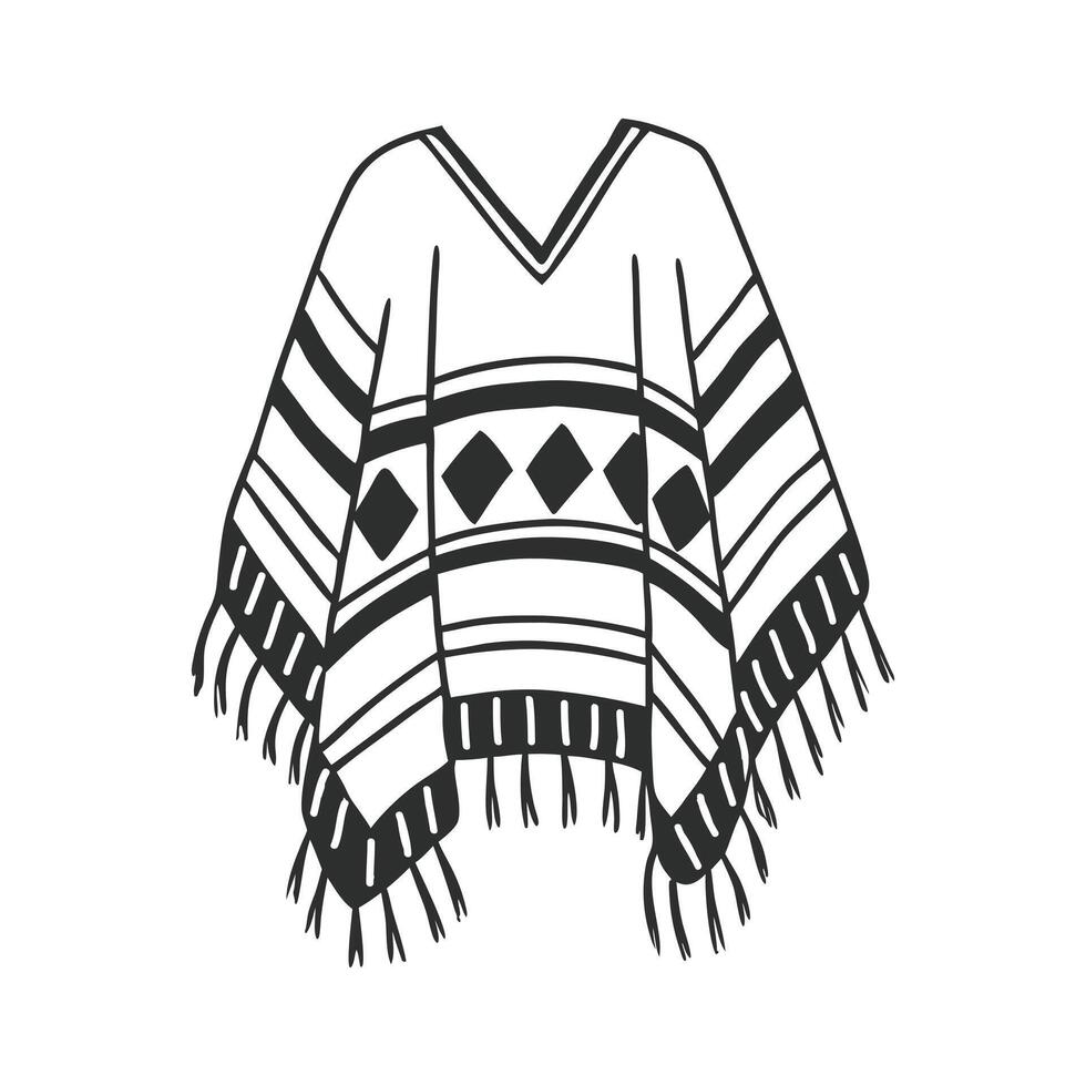 Hand drawn monochrome poncho with fringe and ethnic patterns. National symbol of Mexico. Line art style illustration. vector