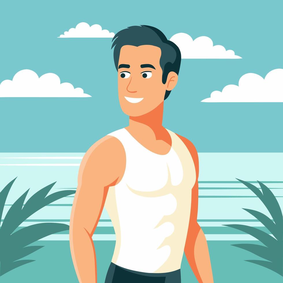 Smiling man athlete in white t shirt enjoying sun on beach. Summer time, vacation concept. Travel illustration. vector