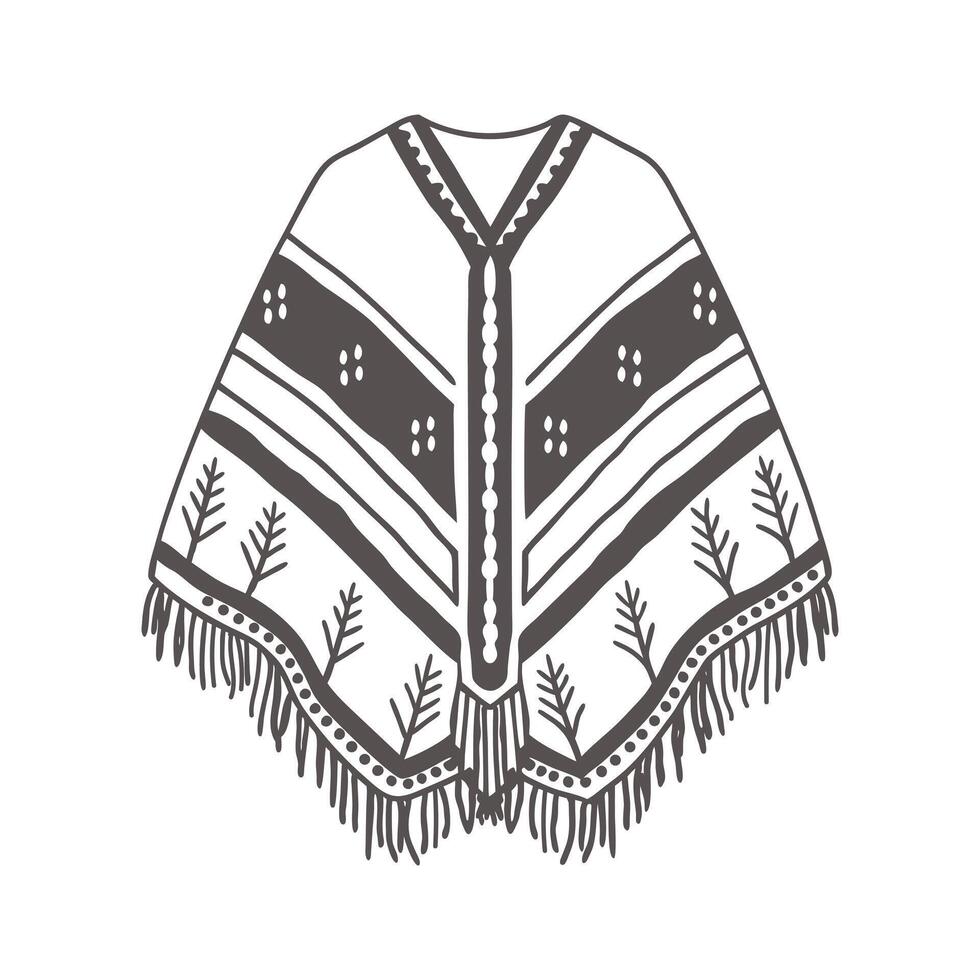 Hand drawn monochrome poncho with fringe and ethnic patterns. National symbol of Mexico. Illustration vector