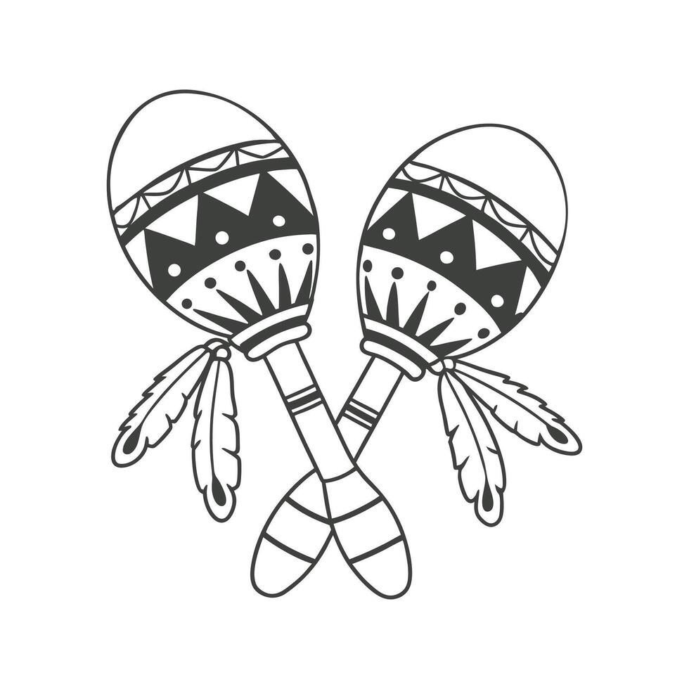 Pair of detailed hand drawn monochrome maracas with ethnic patterns. National symbol of Mexico. Sketch vector