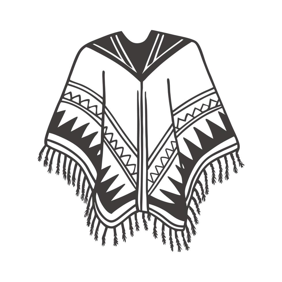 Hand drawn monochrome poncho with fringe and ethnic patterns. National symbol of Mexico. vector