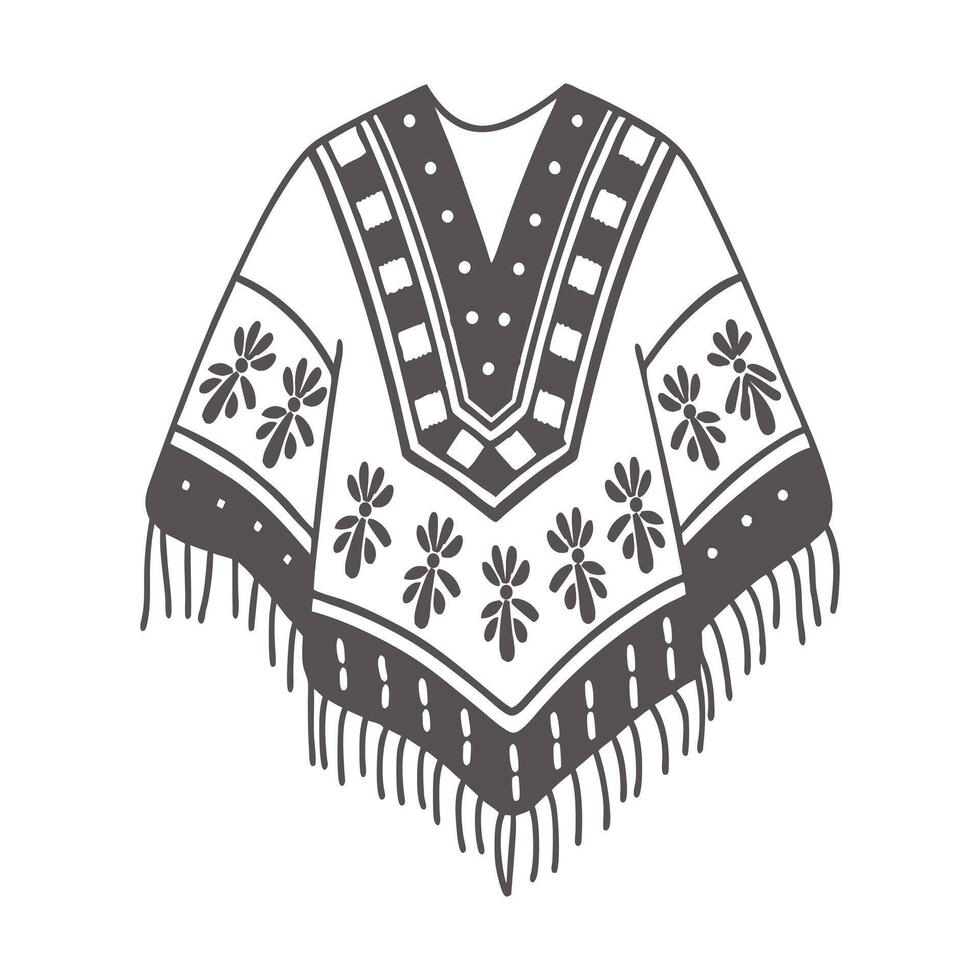 Hand drawn monochrome poncho with fringe and ethnic patterns. National symbol of Mexico. Illustration sketch. vector
