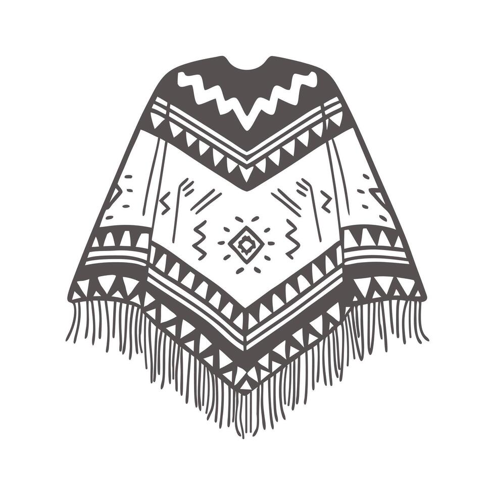 Hand drawn monochrome poncho with fringe and ethnic patterns. National symbol of Mexico. Illustration, sketch. vector