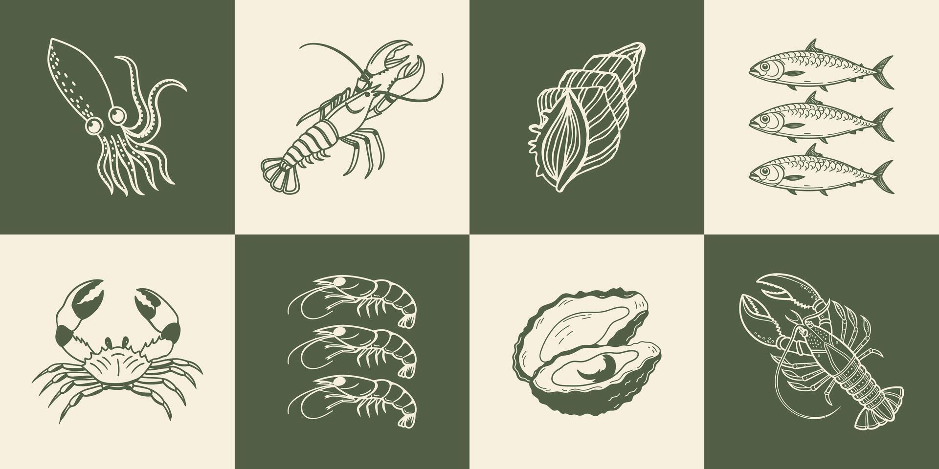 Collection of hand drawn posters with Italian food and summer elements. Oysters, seafood, fish, lobster. Mediterranean set. Sketch illustration. vector