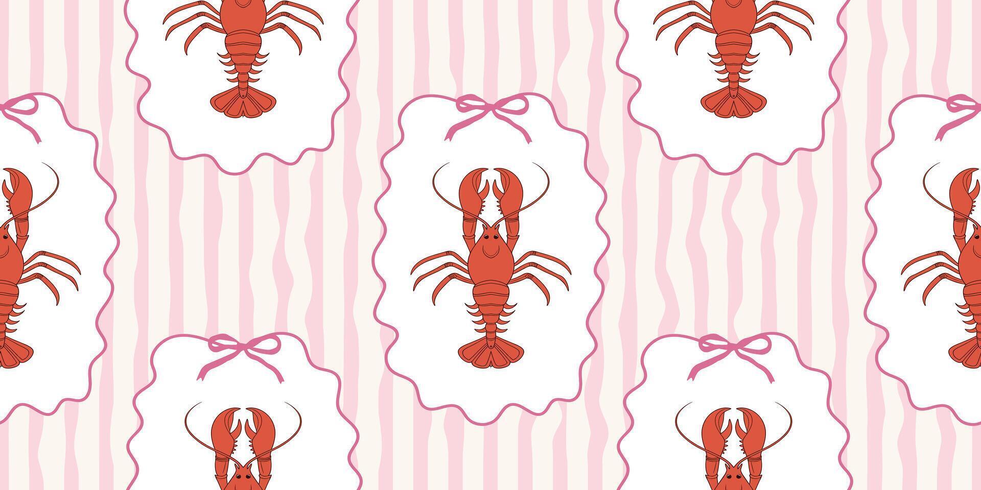 Seamless lobster pattern on pink and white wavy stripes. Summer repeating seafood pattern. Mediterranean coastal design background. vector