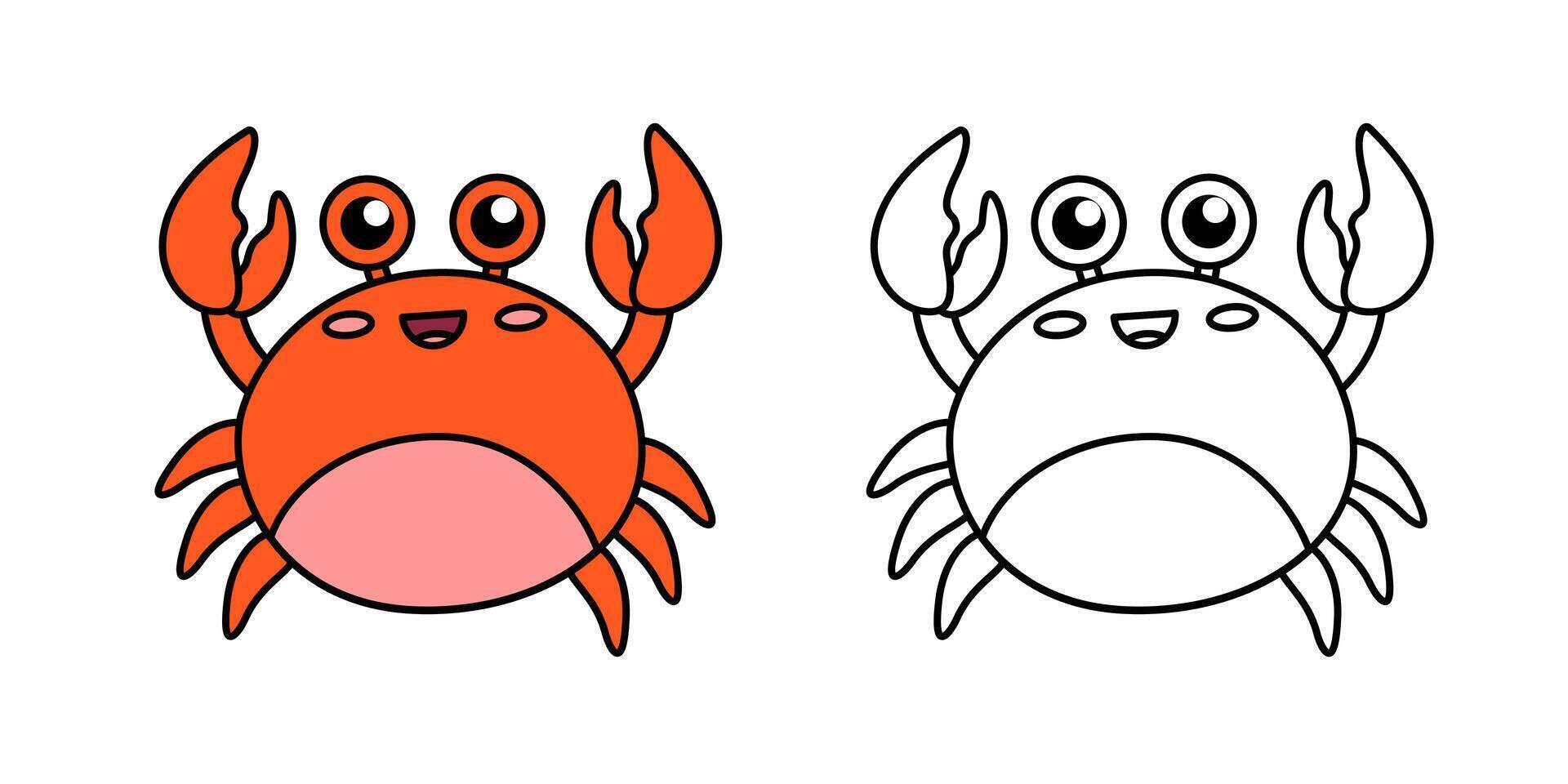 Cute cartoon crab with claws raised up. Black and white illustration for kids coloring book with example in color vector