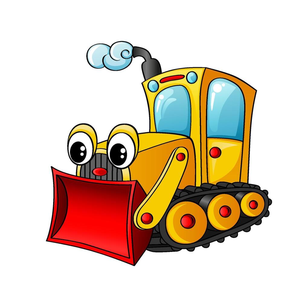 Funny cartoon bulldozer character isolated on white background. Illustration for kids vector