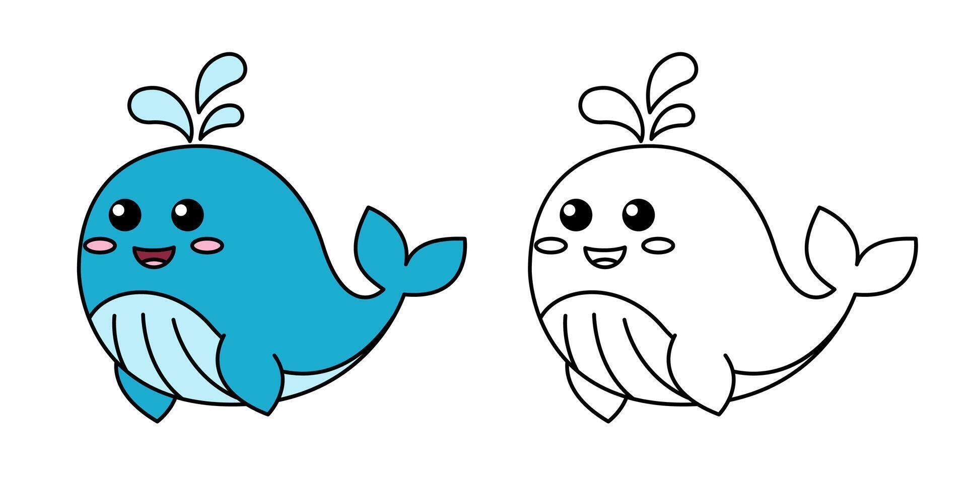 Cute cartoon whale releases a fountain of water. Black and white illustration for kids coloring book with example in color vector