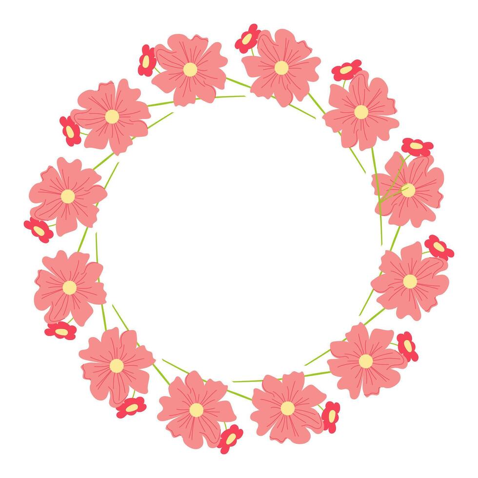 Red circular frame with decorative flowers motifs. Abstract botanical design perfect for greeting cards, banners, and invitations vector